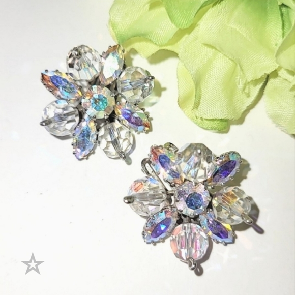 Vintage Jewelry - AUSTRIAN CRYSTAL & AB RHINESTONE CLIP EARRINGS